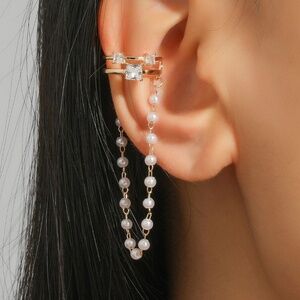 Crystal Chain of Pearl  Ear Cuff, Chain & Zircon Ear Cuff